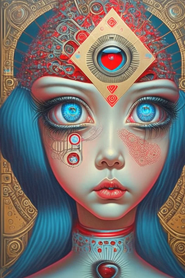 Artwork entitled "Stop AI Censorship" depicting an AI girl with a third eye and a heart; neo-surrealism.