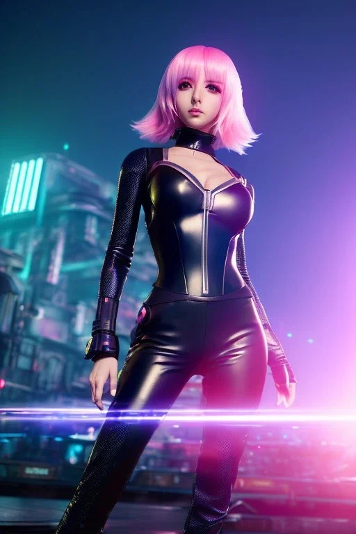 Futuristic anime fantasy dancer, portrait from waist up, physically fit, latex and leather attire, blue eyes, pastel hair, intricate eyeliner, vibrant eyeshadow, clear completion, soft lighting, 4k resolution, intricate details, insanely detailed, colorful cityscape background, masterpiece, expert, cinematic smooth, retroanime style, realistic details, no helmet