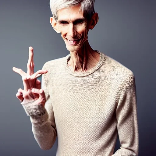 a full picture of a tall rattled skinny man with short dry hair in a light color wearing a knitted sweater with long boney fingers