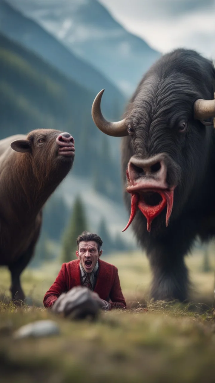 portrait of yodeling vampire in the Carpathian mountains sucking blood from a buffalo while kicking scared walrus,bokeh like f/0.8, tilt-shift lens 8k, high detail, smooth render, down-light, unreal engine, prize winning