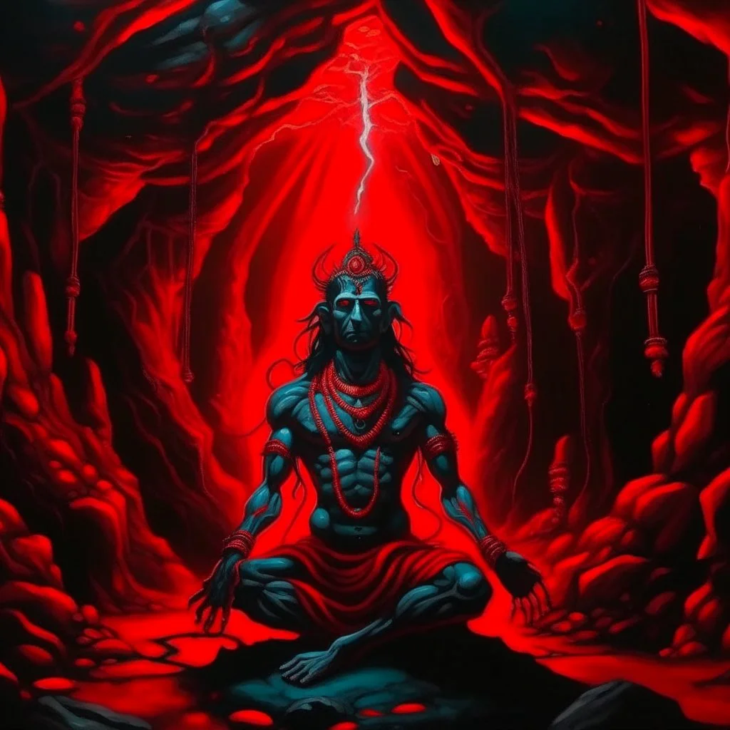 An painting of Hindu god YAMA in a cave, neon red colors, high detail, dark vibe