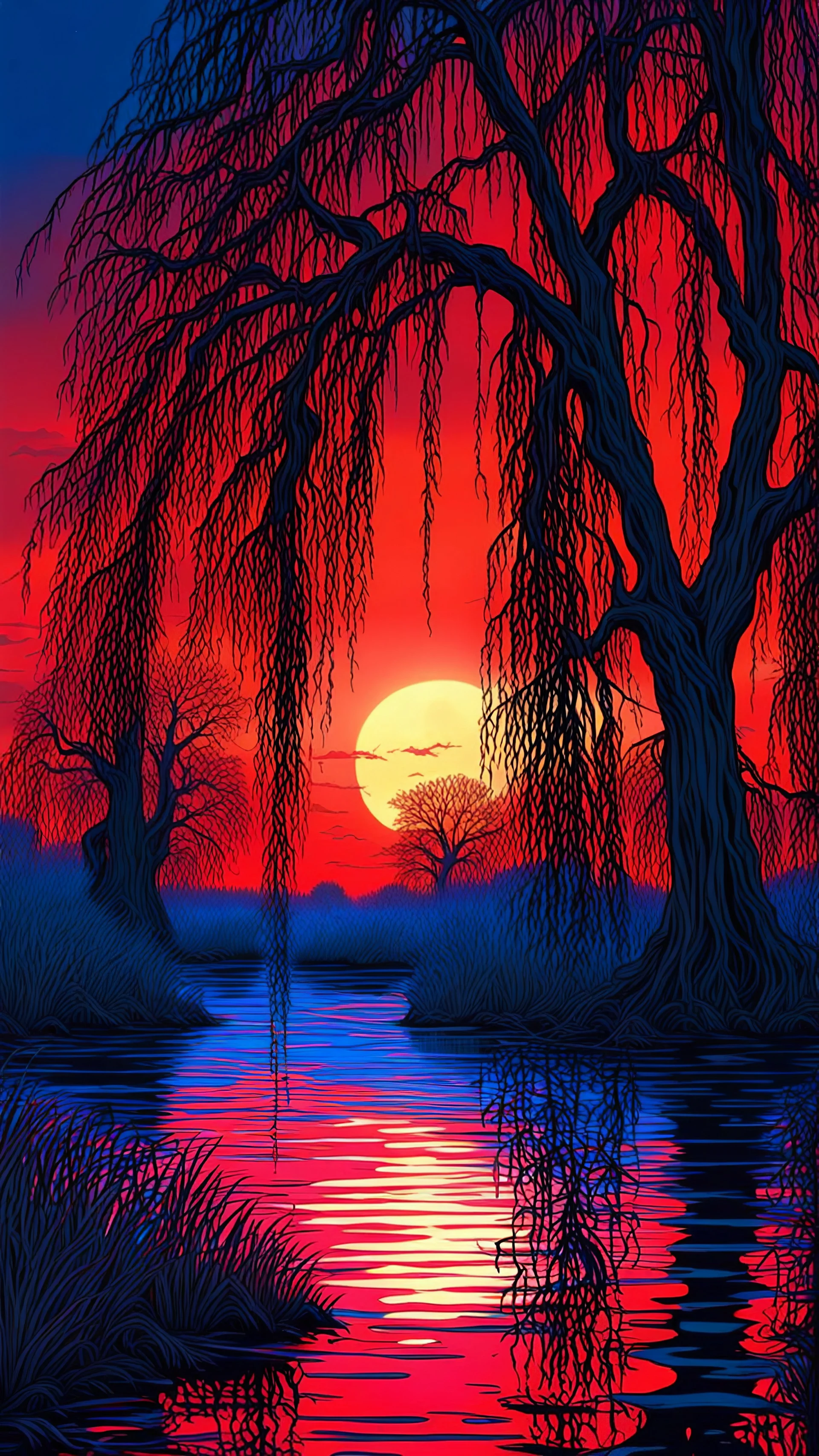 Glowing weeping willows, haunting blue and red sky, biopunk, trippy, spooky, stunning environment, beautifully lit, insanely detailed, best quality