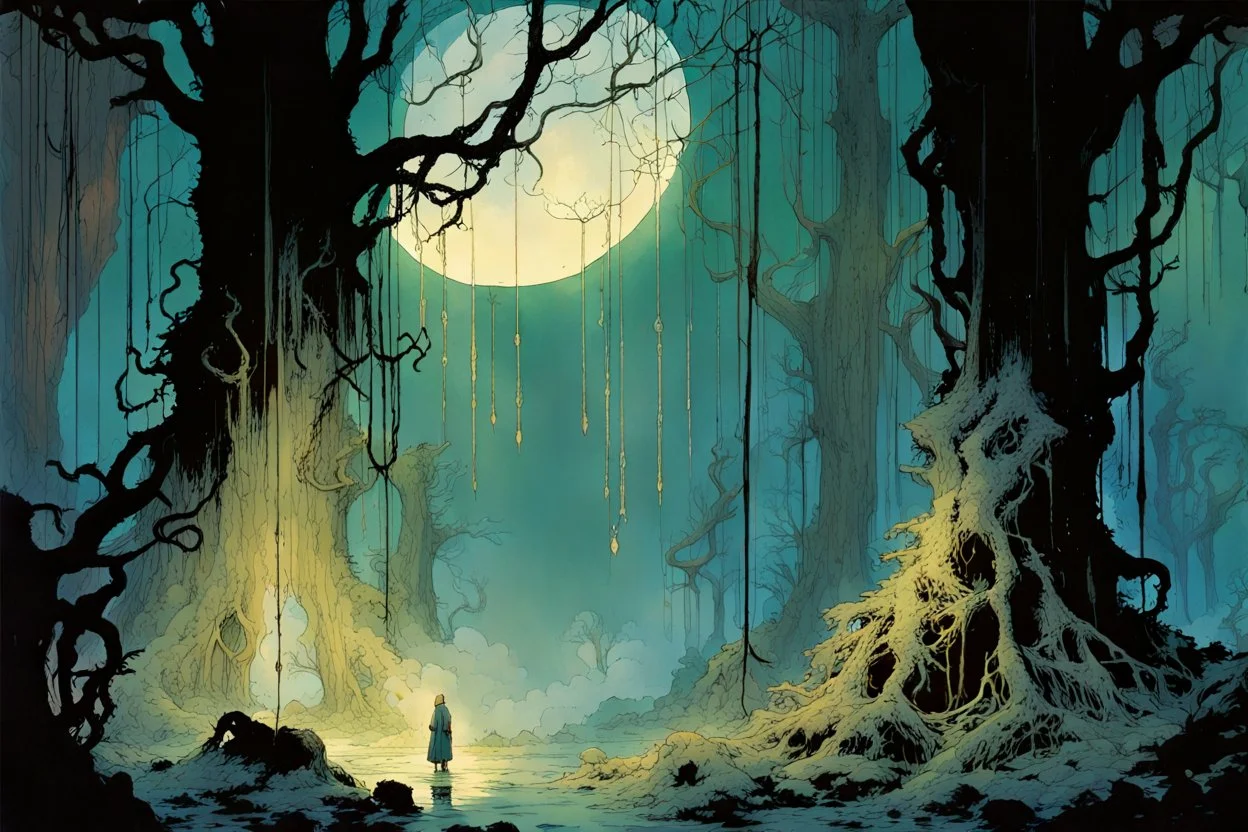 create a wildly conceptual illustration of an ethereal, otherworldly , darkened, ancient forest draped in hanging moss and climbing vines, in the comic book art style of Bill Sienkiewicz, Mike Mignola, Sparth, and Jean Giraud Moebius, finely drawn, colored and inked, suffused with dramatic natural light and shadow in heavy rain under a midnight moon