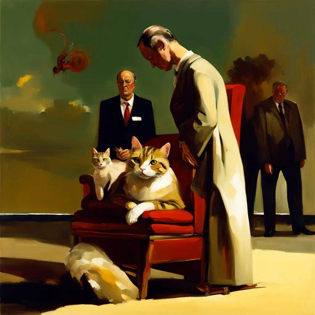 UN conference,a cat and human flesh-like surgical instruments and universe-like a pigeon and neuralink, surrealism,minimalism,Painting By Adrian Ghenie, Rene Magritte, Salvador Dali, Lucian Freud