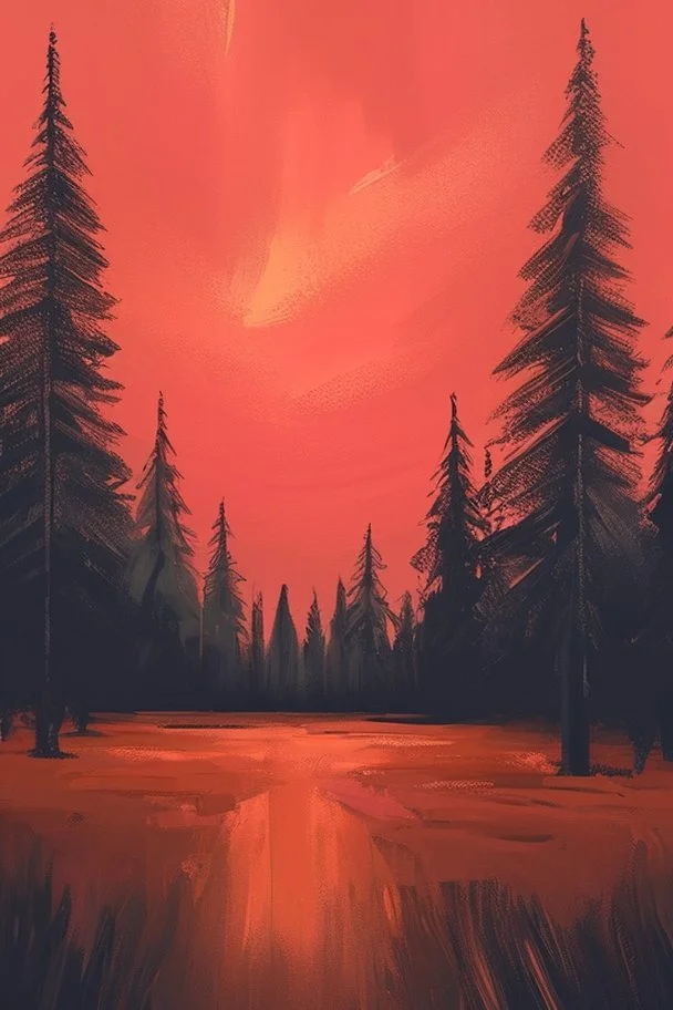 simply forest landscape with orange sky paint