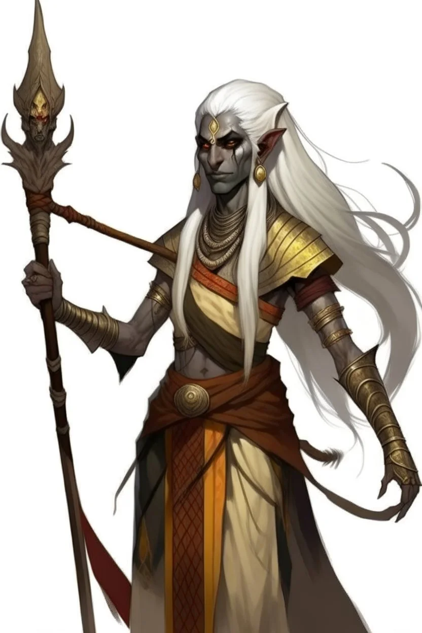 Ahs genasi from dnd with ashesen skin and asian flowing hair on head holding a spear in Monk attire with ash giant symbolism more ash less fire