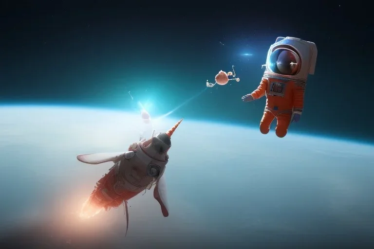 man in space, feeding a carrot to a unicorn in space