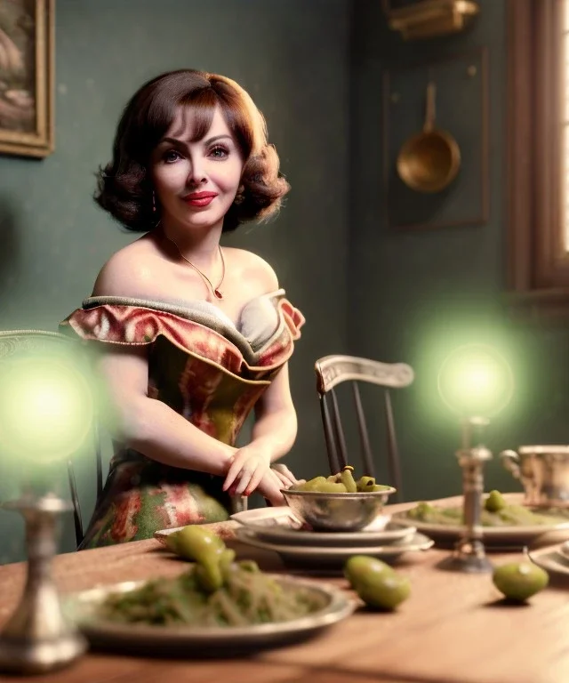 Ultra realistic photographic portrait, happy young Gina Lollobrigida woman sitting with arms resting on Italian kitchen table, pretty ravioli dish with olive oil and albahaca, renaissance style decoration, soft color, highly detailed, unreal engine 5, ray tracing, RTX, lumen lighting, ultra detail, volumetric lighting, high definition.