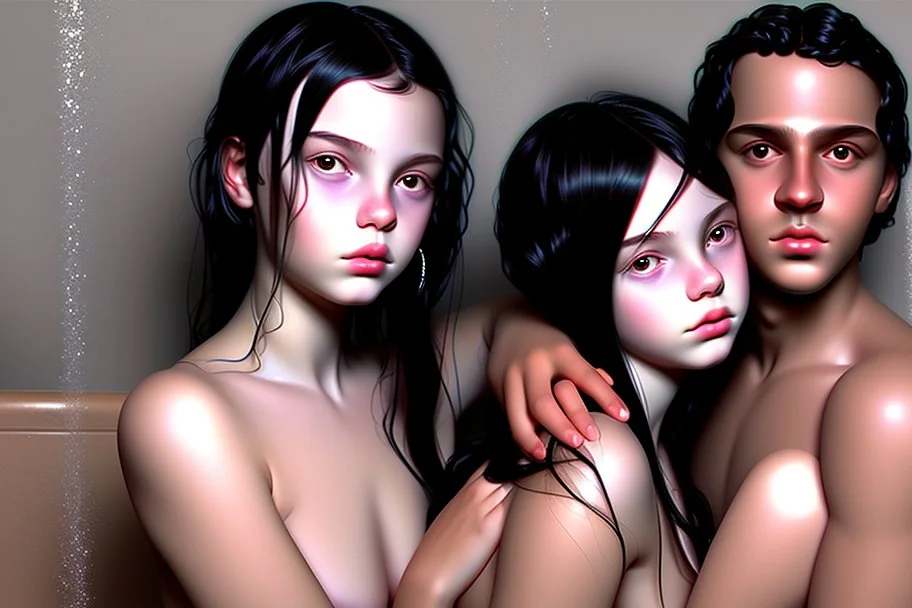 digital art of beautiful young black hair teenage girls with dad in the bedroom in a bathtub with grandpa hugging bare lips