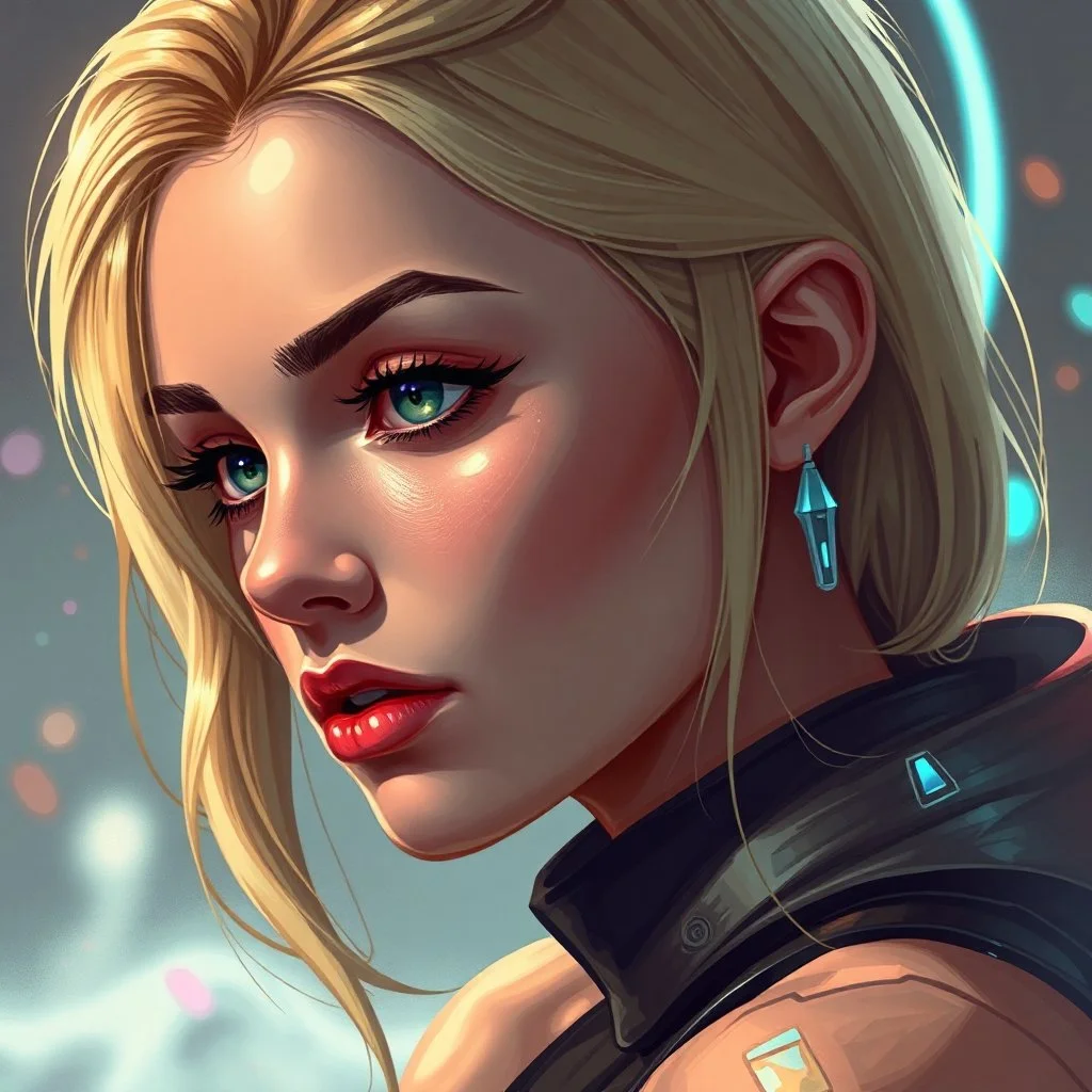 a pretty woman, blonde hair, futuristic, contemplative, digital art, stylised