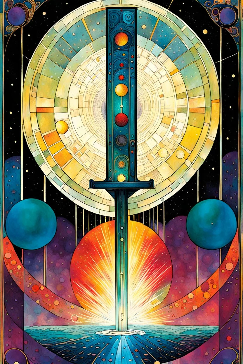 Create a chaotic abstract cubist Tarot Card depicting The Ace of Swords , in the style of Bill Sienkiewicz, Philippe Druillet, Gustav Klimt, and Jean Giraud Moebius, precisely drawn, colored and inked, with ornate bordered edges