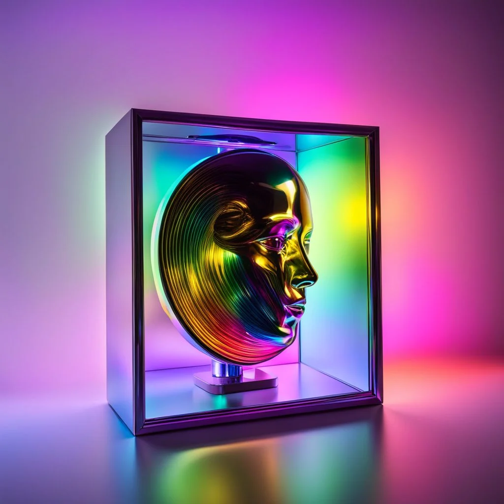 close up metallic head in mirror box with swirling rainbow tinted light