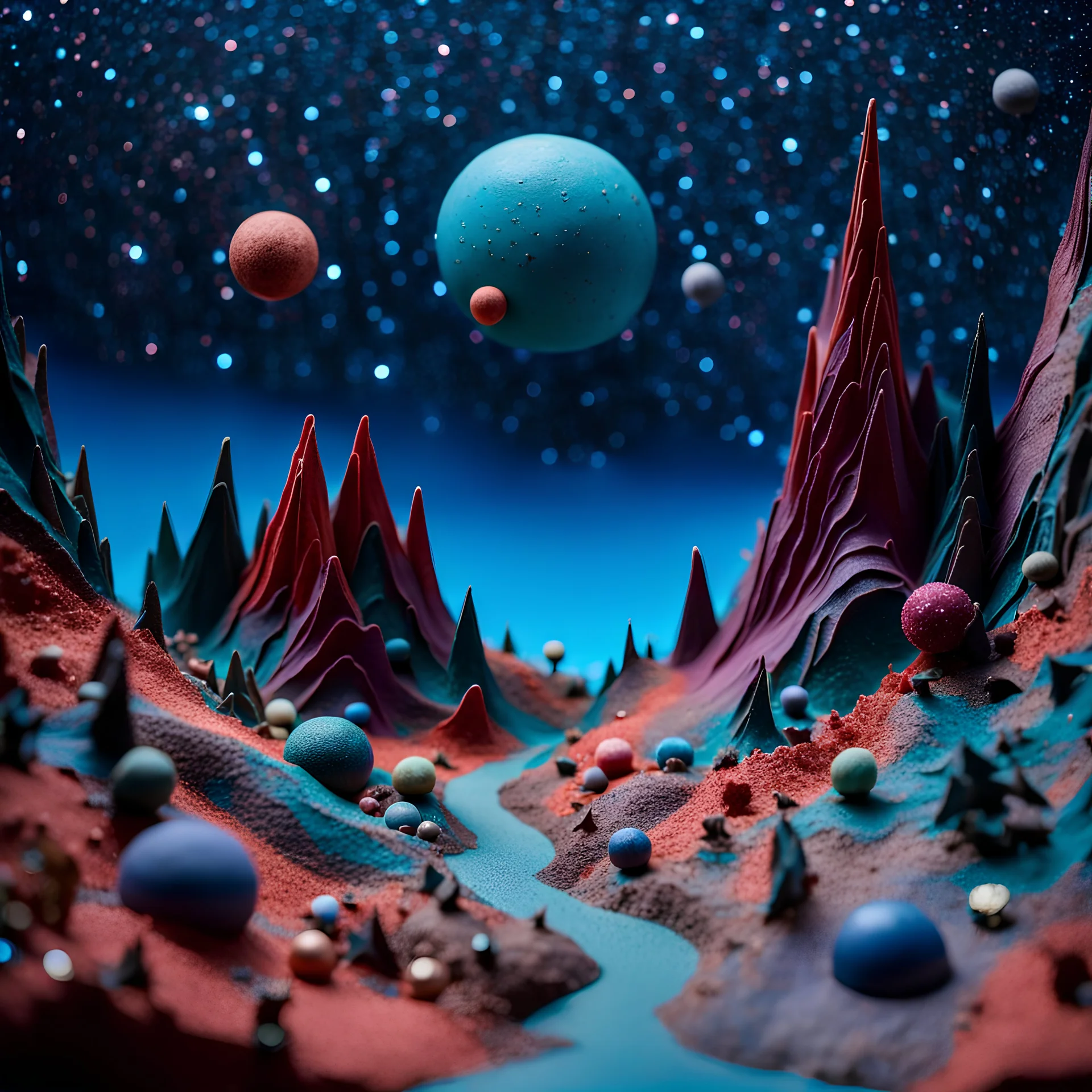 Detailed creepy landscape made of modeling clay, stars and planets, Roger Dean, naïve, Tim Burton, strong texture, Ernst Haekel, extreme detail, Max Ernst, decal, rich moody colors, sparkles, bokeh, odd