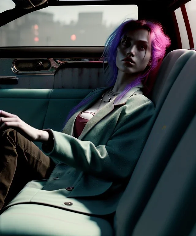 Ultra realistic back seat of limousine image, wide angle view, homeless woman, many color balls, grunge clothing, long hair, smoke, feather long coat, soft color, highly detailed, unreal engine 5, ray tracing, RTX, lumen lighting, ultra detail, volumetric lighting, 3d, finely drawn, high definition, high resolution.