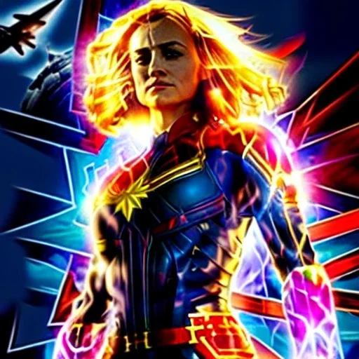 Captain Marvel,flying in the sky, hair on fire, realistic, vibrant colors, Kate beckinsale's face, long hair, gold angel wings, full body, in space, muscular, hyperrealistic