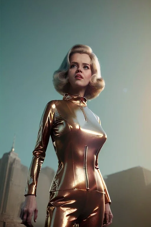 Ultra Realistic retro sci-fi portrait image from 1960, New York, spaceship, sweet young Jane Fonda, tight latex suit, weapon, fighting stance, soft color, highly detailed, unreal engine 5, ray tracing, RTX, lumen lighting, ultra detail, volumetric lighting, 3d, finely drawn, high definition, high resolution.