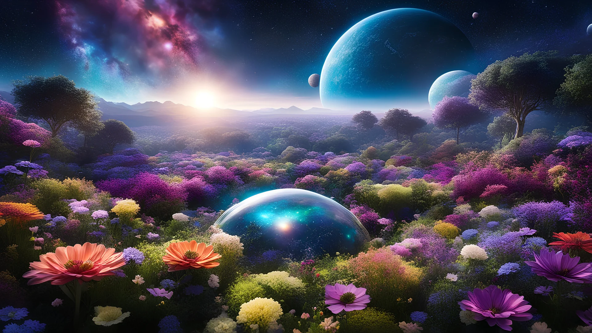 A sprawling garden floating in space, where flowers are made of stardust and their petals glow with the colors of distant galaxies. Giant, transparent orbs hover above, each containing miniature ecosystems thriving in zero gravity