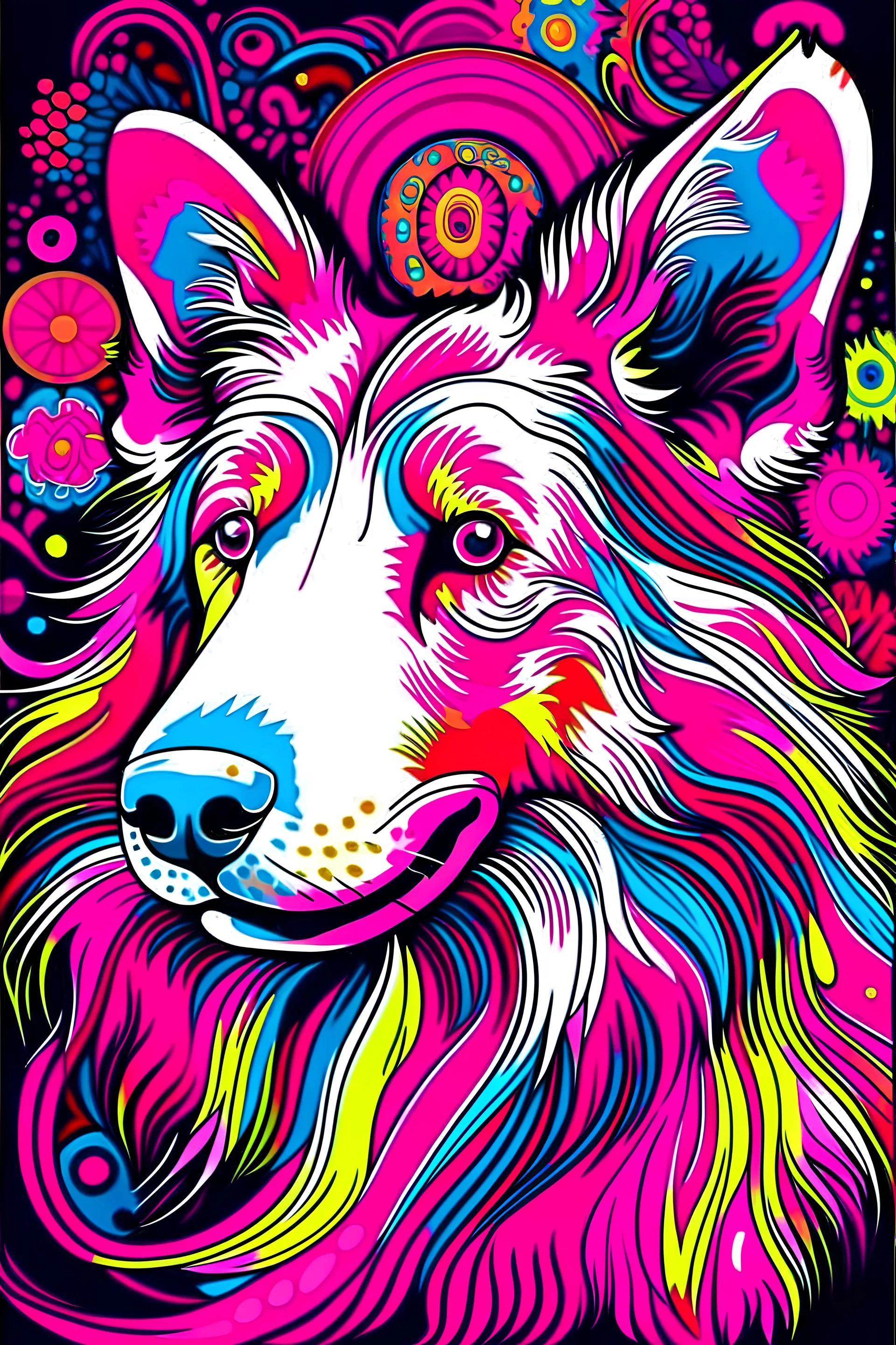 pink Collie in percy jackson style , fun colorfull, psychedelic