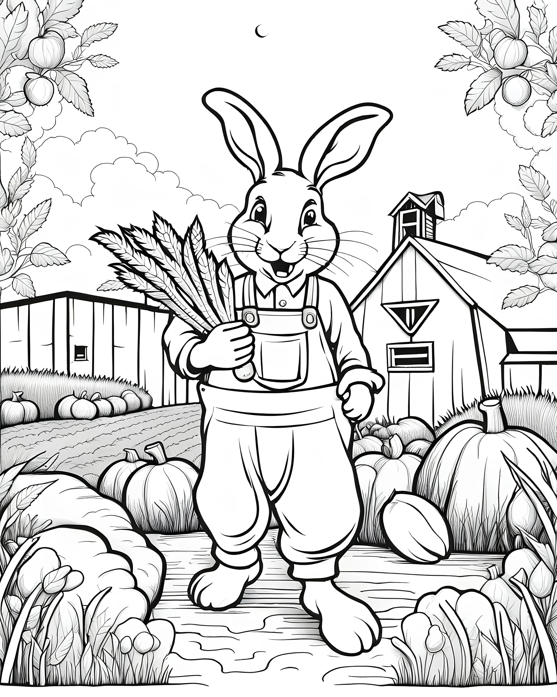 B/W outline art,coloring book page, full white, super detailed illustration for adult, "farmer rabbit : spooky rabbit holds a carrot in his hands", crisp line, line art, high resolution,cartoon style, smooth, low details, no shading, no fill, white background, clean line art,low background details, Sketch style.