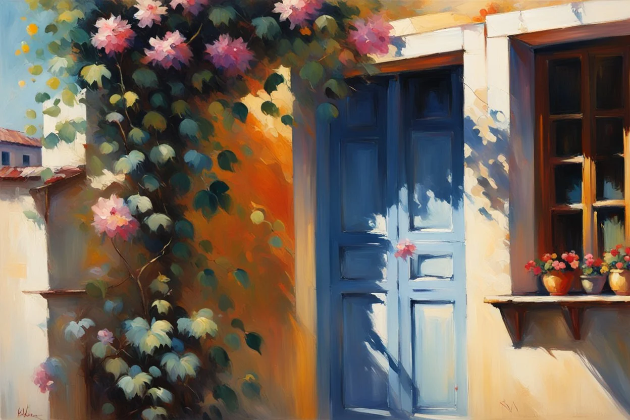 captivating and cinematic impressionist painting by Chen Chun, inspired by Pino Daeni's style, showcases a picturesque village scene. A charming, sunlit house with a potted plant adorned with vibrant, flowering vines sits at the forefront. The sunlight casts stunning shadows and highlights, creating depth and dimension, while the background reveals a serene Mediterranean landscape with elegant and refined elements. This conceptual art masterpiece, created by @challenge2pt, is a 3D render that ex