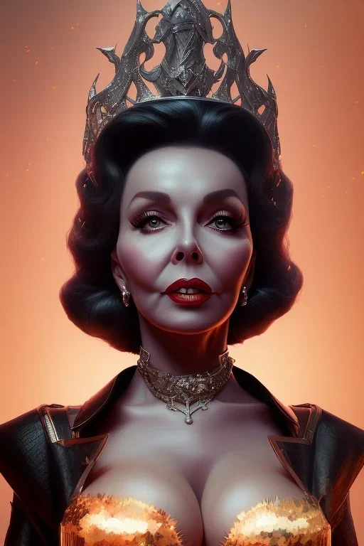 Joan Collins as evil queen in black leather, leather, busty, cleavage, angry, stern look. character design by cory loftis, fenghua zhong, ryohei hase, ismail inceoglu and ruan jia. unreal engine 5, artistic lighting, highly detailed, photorealistic, fantasy