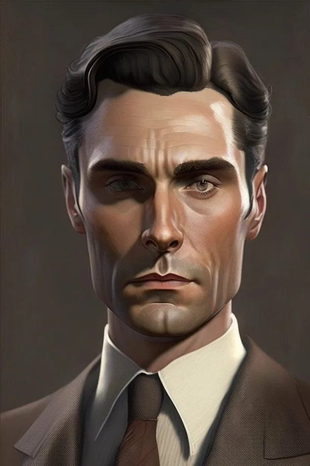 human, mid-fifties, smart brown suit, handosome, noble, short salt-and-pepper hair, clean-shaven, very dark eyes and stern gaze