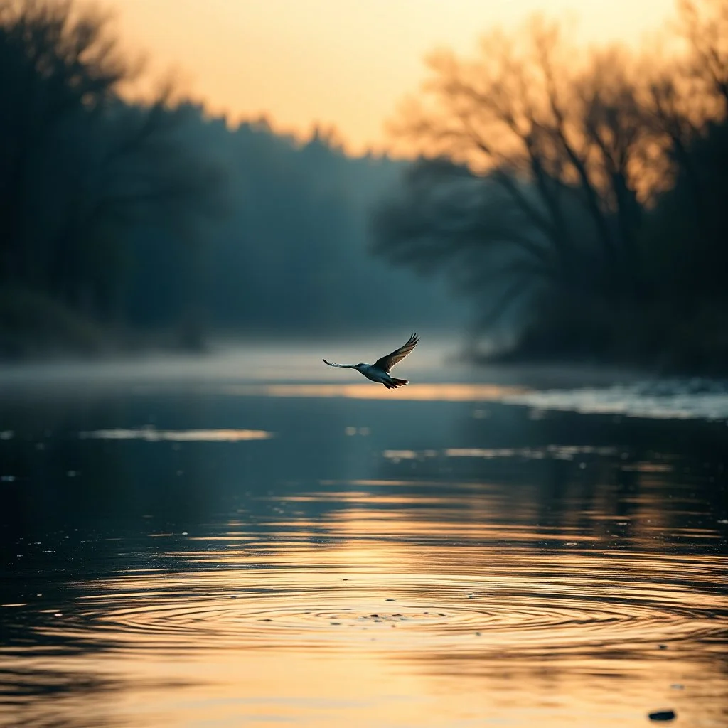 Hyper Realistic early morning (6:40 am) scene of a riverside where a beautiful small bird flying just few centimeters above the river water showing dramatic and cinematic ambiance.