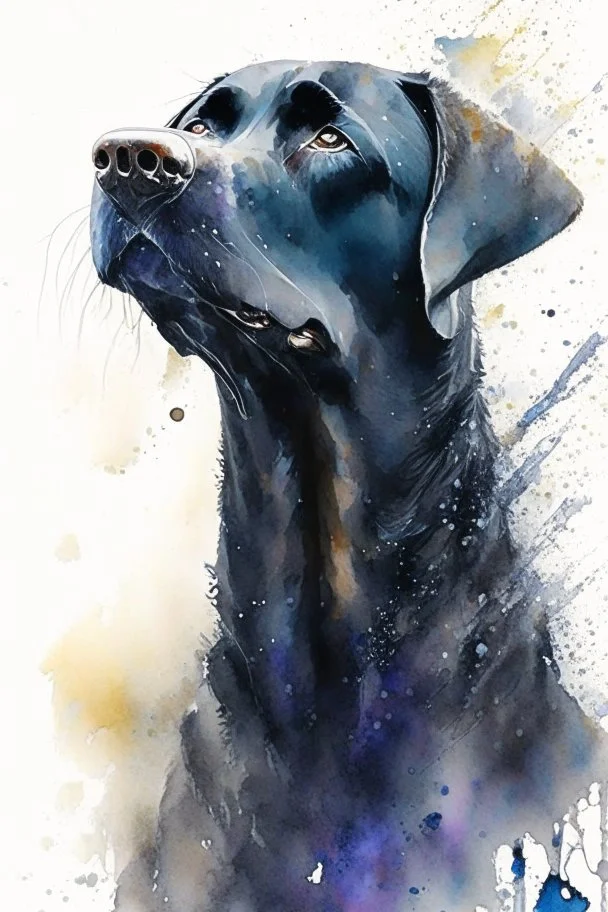 A portrait of black Labrador by Willem Haenraets, watercolor, wet on wet and splattering techniques, centered, perfect composition, abstraction, surrealism
