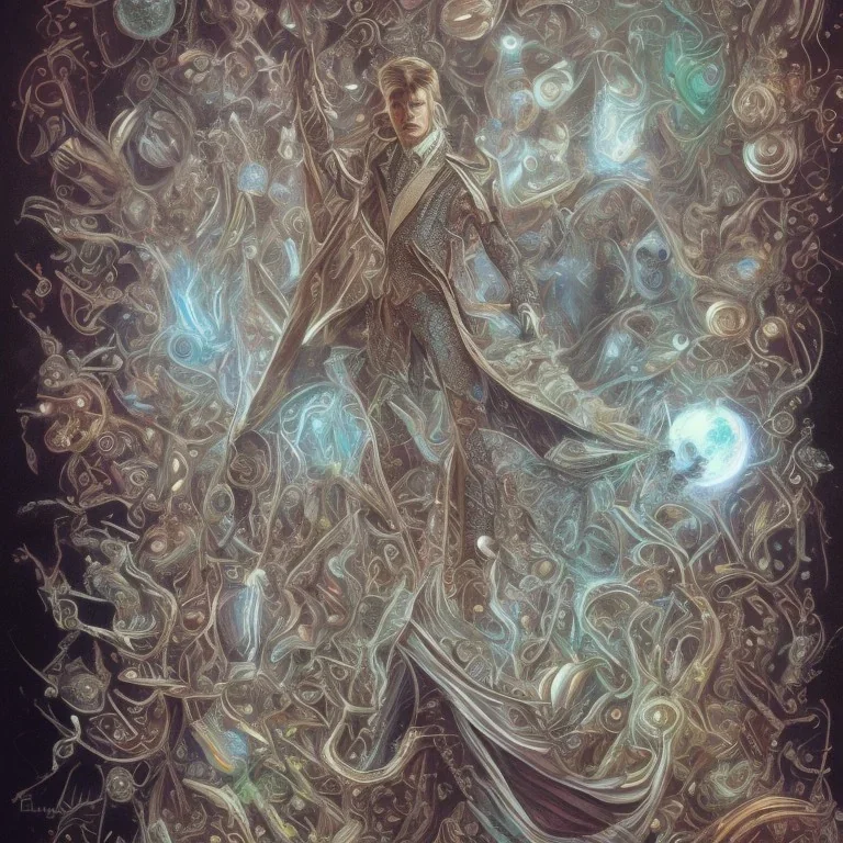 david bowie, white owl feather fancy clothes, Jim Henson's The Labyrinth, Jareth the goblin king, 3 crystal ball in hand, wearing spandex grey leggings with a crotch bulge, labyrinth illusion stairs, broken floating world and space in background, floating music notes and cursive writing