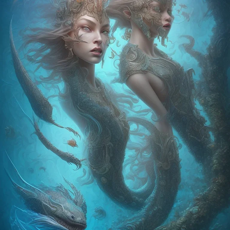 sango fantasy, fantasy magic, intricate, sharp focus, illustration, highly detailed, digital painting, concept art, matte, artgerm and paul lewin and kehinde wiley, masterpiece sexy lips Hawaiian afro lips black African lady body mermaid Dragonfish head blue space lady sea under water mermaid seaweed pyramid