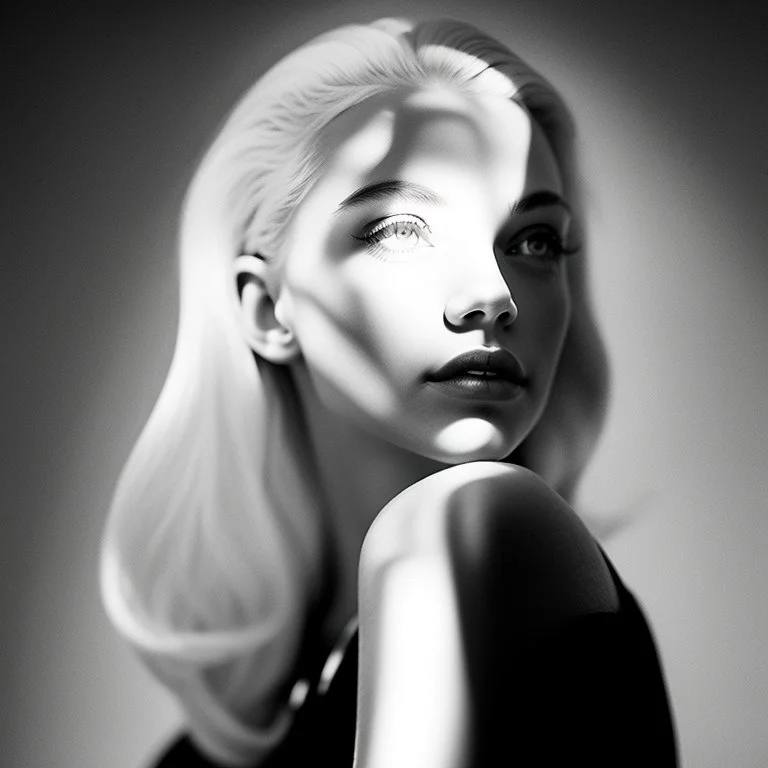 Mujer rubia iluminada, retrato medio cuerpo, iluminada potentemente desde el lado derecho, blanco y negro vaporoso, peinado a lo Verónica Lake al estilo del fotógrafo Hugo Alonso