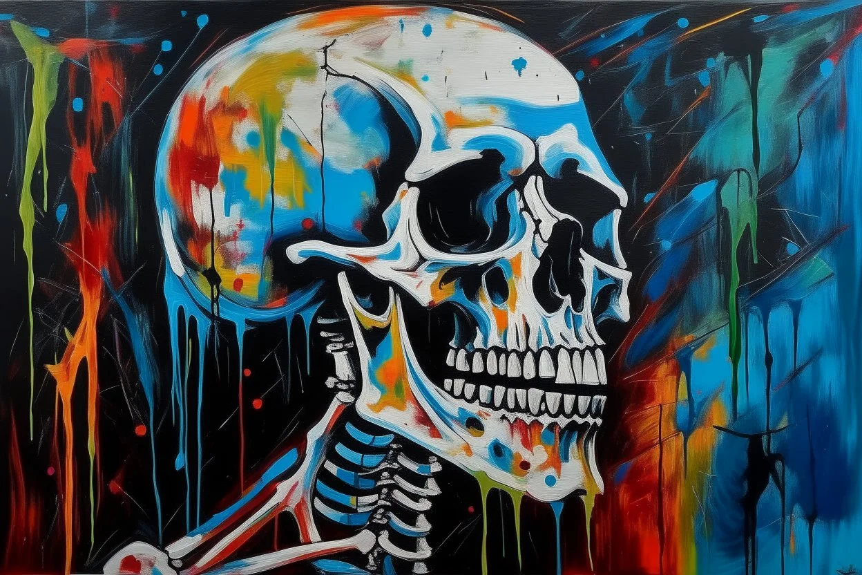 crying skeleton, deep emotions, neo-expressionism, acrylic paint