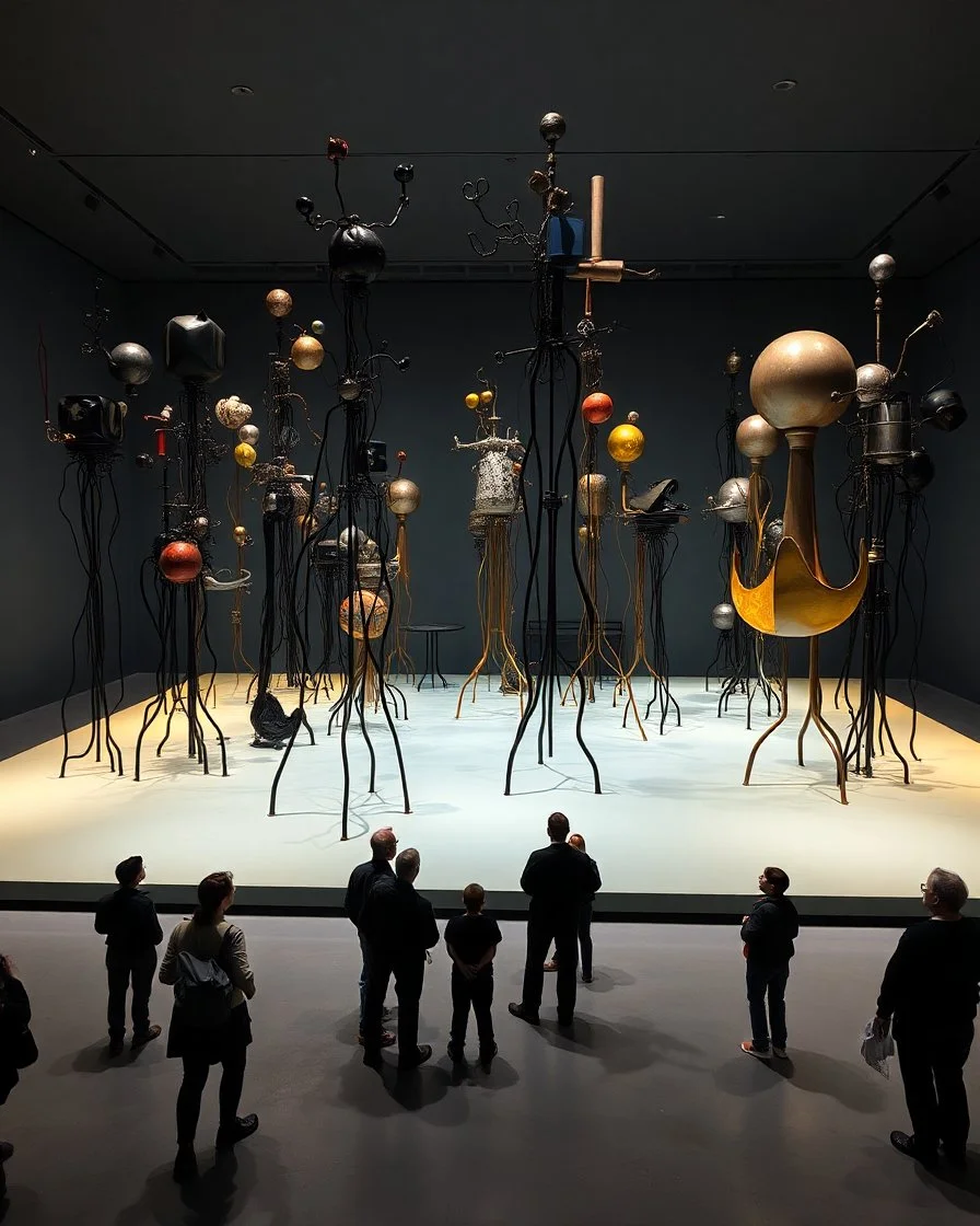 Fotografia di una installazione, superficie piatta di colore azzurro chiaro e giallo pastello, su cui si ergono enormi surreali strutture di forma astratta e surreale, di metallo, di colori vari, forti contrasti. Buio. Joan Miró odd style. Strong 3d deep field. Oscurità, paranoic, obsessive, homologic, phobic, nightmare, notte, glossy, hasselblad h6d400c --ar 85:128 --v 6. Persone guardano