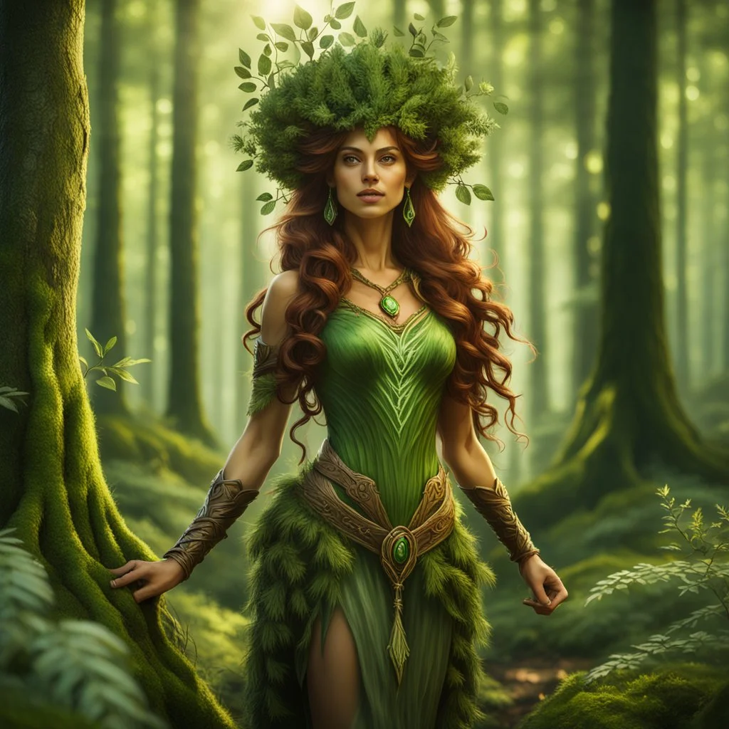 create a full body portrait of a forest dryad enchantress , with highly detailed, sharply lined facial features, in the deep forest of Brokilon , finely inked, in rustic colors, 4k in the style of Peter Mohrbacher source vibrations, bokeh like f/0.8, tilt-shift lens 8k, high detail, smooth render, down-light, unreal engine, prize winning