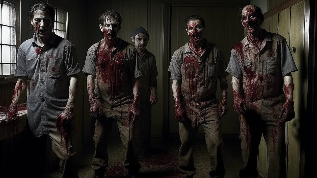 4 men zombies in adark room bloody help stand behined themselves