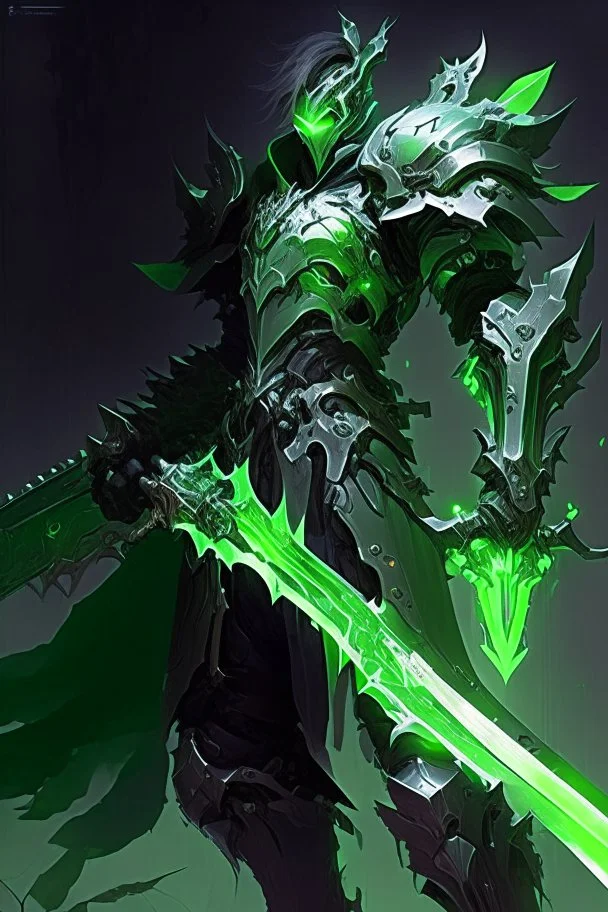 a man in armor holding a green sword, style of ghost blade, ghostblade, nekro xiii, night time raid, style of duelyst, glowing green soul blade, heise-lian yan fang, by Zhou Jichang, concept art | feng zhu, dark fantasy character design, intricate assasin mecha armor, lineage 2 revolution style