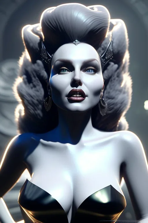 Rita Hayworth as evil queen in black leather, leather, busty, cleavage, angry, stern look. character design by cory loftis, fenghua zhong, ryohei hase, ismail inceoglu and ruan jia. unreal engine 5, artistic lighting, highly detailed, photorealistic, fantasy