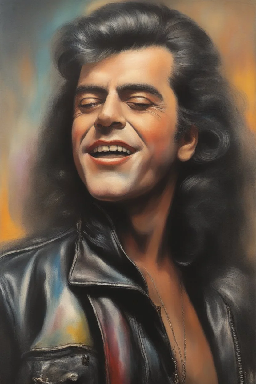 oil painting, text "KISS" - facial portrait with makeup - 20-year-old Jerry Lewis with long, wavy curly black 1980's style big hair, wearing a black leather jacket, extremely colorful, multicolored watercolor stained wall in the background - in the art style of Boris Vallejo, Frank Frazetta, Julie bell, Caravaggio, Rembrandt, Michelangelo, Picasso, Gilbert Stuart, Gerald Brom, Thomas Kinkade, Neal Adams - explosions, flames, fog, clouds, dust,