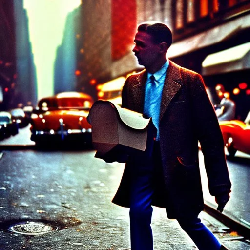 Picture 1950's street life, people, New York, very blurry, abstractism, colours, strong texture, 3d