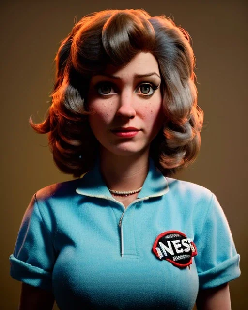 Portrait, waitress woman with monster muppet mask that covers her entire head, retro style, Sesame Street style, blue, smooth, unreal engine 5, god lights, ray tracing, RTX, lumen lighting, ultra detail, volumetric lighting, 3d.