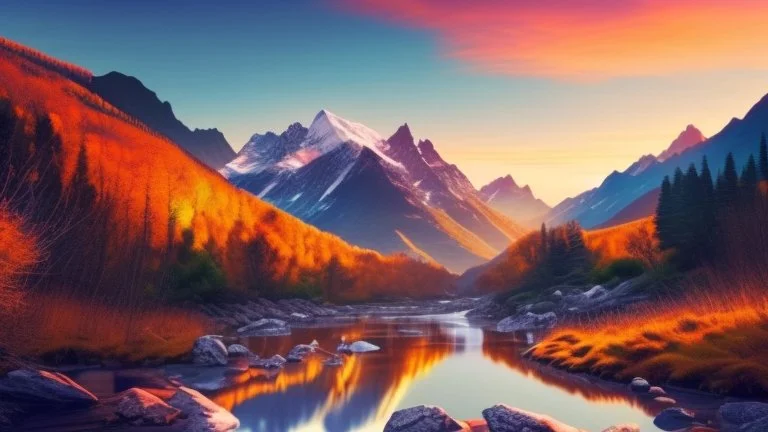 A view of breathtaking nature, at sunrise with a mountain stream and mountains in the background.