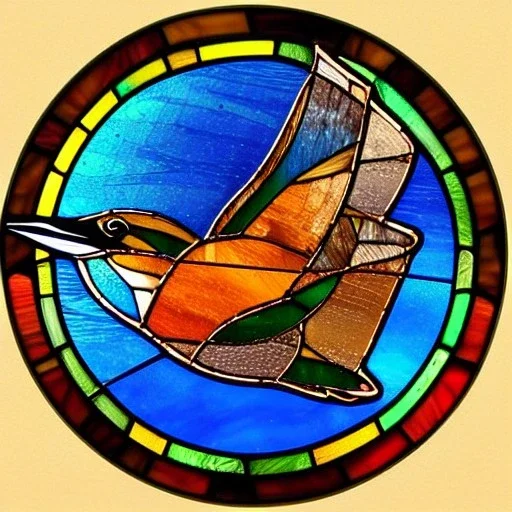 round coaster of kingfisher with stained glass effect, highly detailed, intricate, warm colors