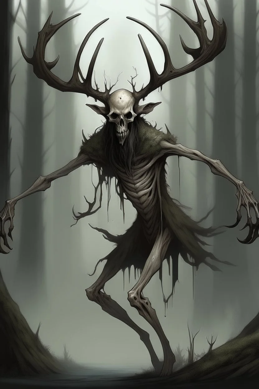 wendigo with deer skull covering head and face, fingers ending in claws with long arms reaching knees which bend backwards, eyes that are sunken back, its body emaciated, full body image