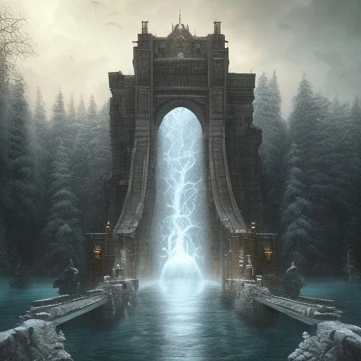 fantasy art, book illustration, upper body of big mad wizard in front of the ebony stairs of a bridge or dam ,icy water, on the bridge is a wolf, there is also a hawk and everything is seen from the tree tops