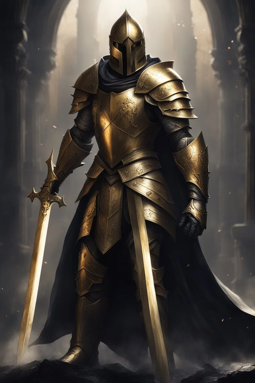 photorealistic holy knight paladin in very dark gold armor and a cape wielding a greatsword and unhelmet in abyss