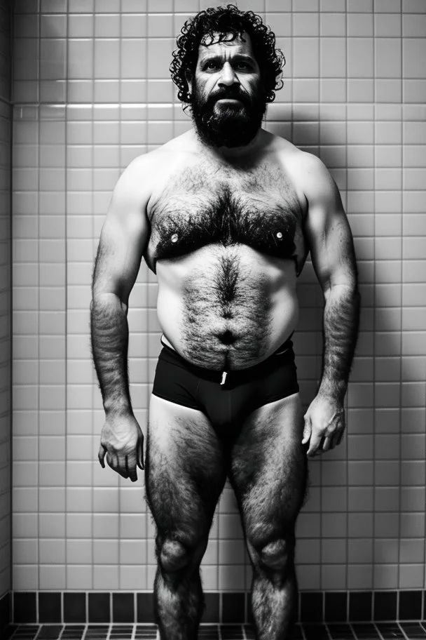 full figure shot frontal view photography of a wet dirty smiling arab stocky man 50 years old strong cute plumber sitting in a dirty old bathroom, in dirty underwear,, crossing arms, manly chest, beard, hairy arms, open legs, curly black hair, angry eyes, misery and poverty, emotive eyes, photorealistic, 35mm lens, f/1.4, hyper-realistic, very detailed, natural colours, dim lights, ambient occlusion, view angle from the floor