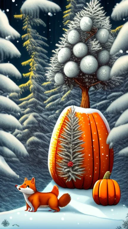 Kürbi als Tannenbaum Cartoon mit Schnee und Weihnachtskugel, Waldwichtel