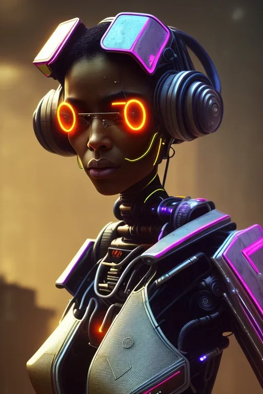 portrait,beautiful african robot, post-apocalyptic in a cyberpunk city, realistic, intriacte detail, sci-fi fantasy style, volumetric lighting, particales,highly detailed,cinamatic, deep colours,8k