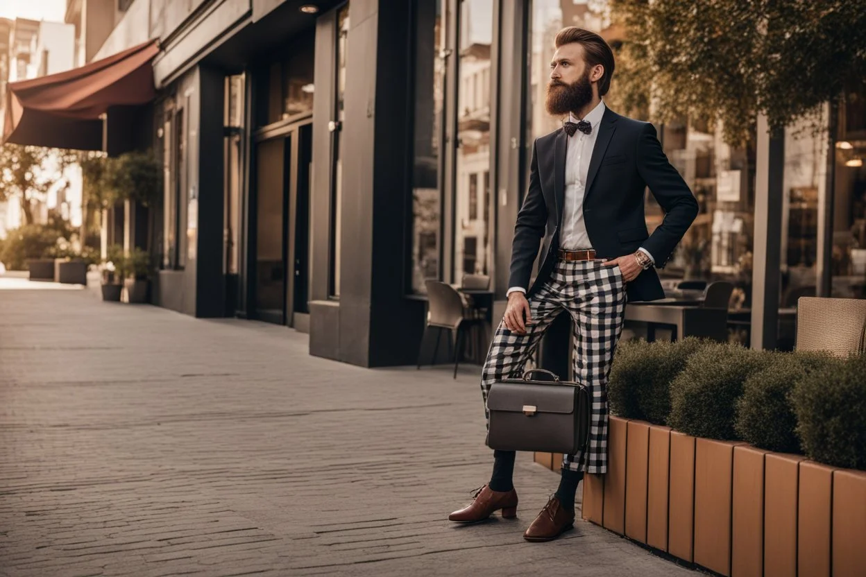 bearded man in elegant suit with checkered skirt on high heels standing next to a restaurant holding a laptop case in sunshine