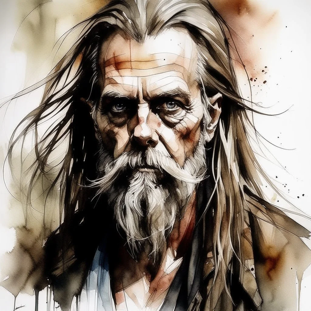 rough watercolor and ink, portrait of "Otis B Driftwood" played by Bill Moseley with long grey beard and hair with a dark streak in his beard, iconic "Devil's Rejects" movie aesthetic, creepy, dramatic, cinematic masterpiece, complex contrast, sfumato, dynamic composition, by Russ Mills